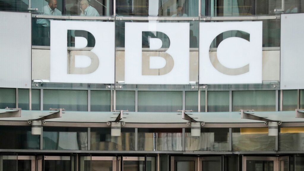 This photo shows a BBC sign outside the entrance to the headquarters of the publicly funded media organization in London, July 19, 2017.
