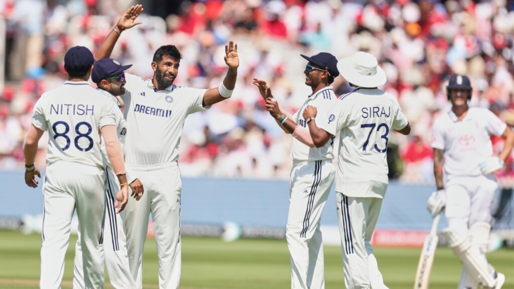 India's Jasprit Bumrah celebrating a wicket during third Test at Lord's. (AP)