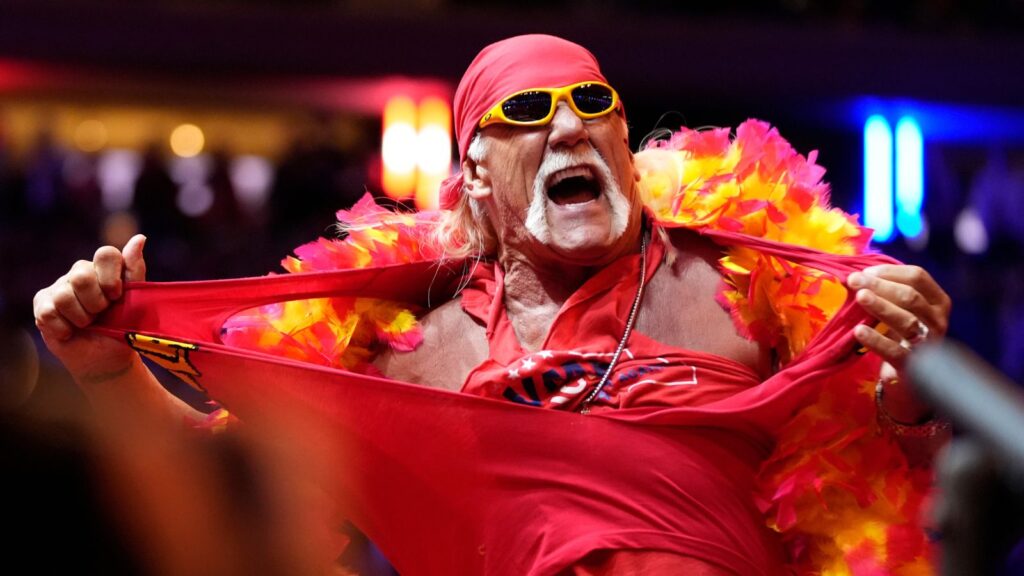 Hulk Hogan rips his shirt before Republican presidential nominee President Donald Trump speaks at a campaign rally (AP Photo/Alex Brandon, File)