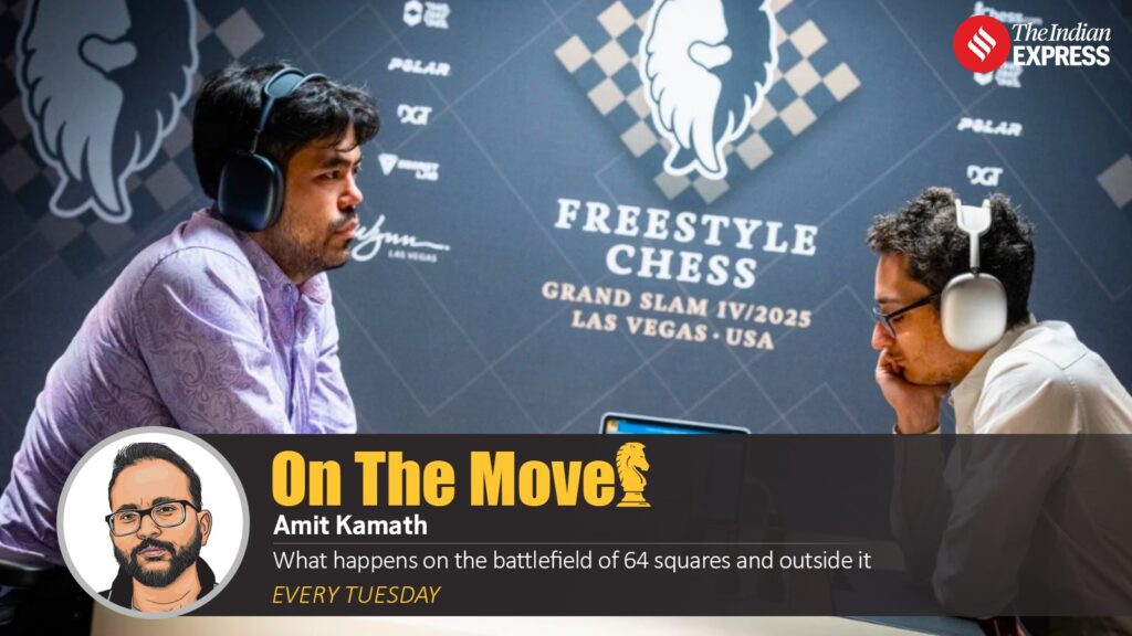 Fabiano Caruana and Hikaru Nakamura, both wearing noise-cancellation headphones, play at the Las Vegas event of the Freestyle Chess Grand Slam Tour. (PHOTO: Freestyle Chess)