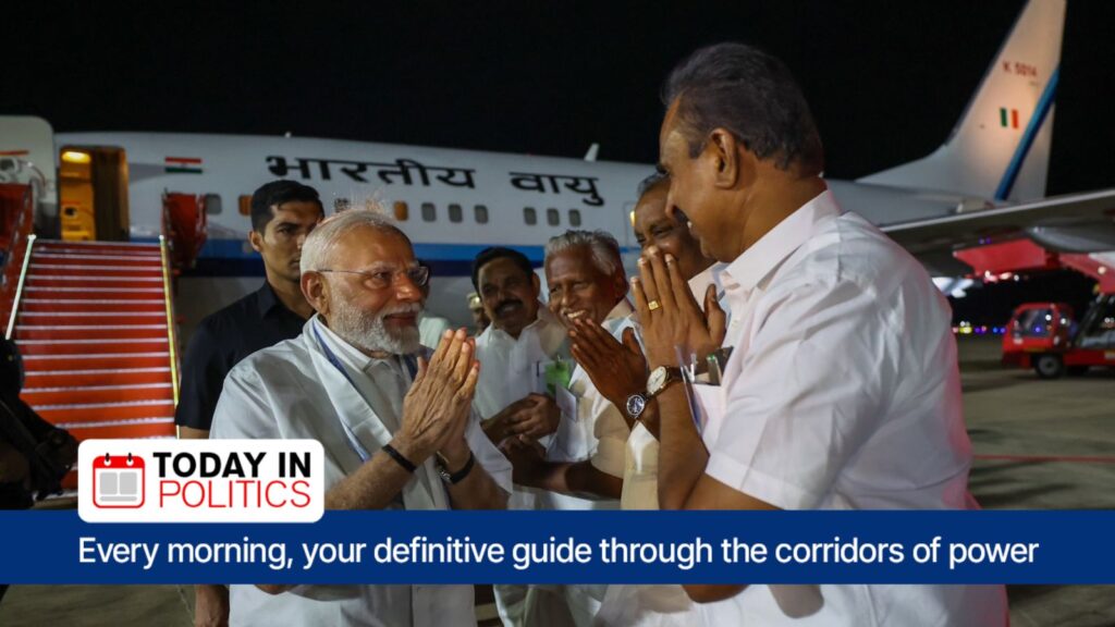 Modi as he landed in in Tiruchirappalli. He will be the chief guest at the grand finale of the Aadi Thiruvathirai festival celebrating the birth anniversary of the Chola king. (X/narendramodi)