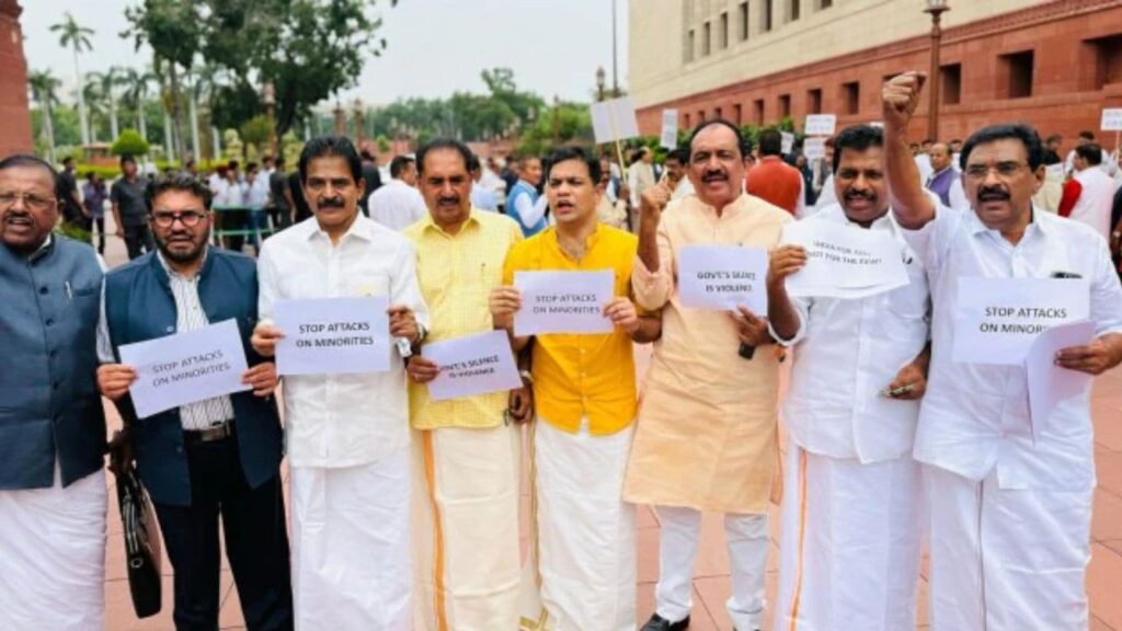 UDF MPs held a strong protest outside Parliament on Monday against the shocking arrest and harassment of Catholic nuns in Durg in Chhattisgarh. (Source: X/@kcvenugopalmp)