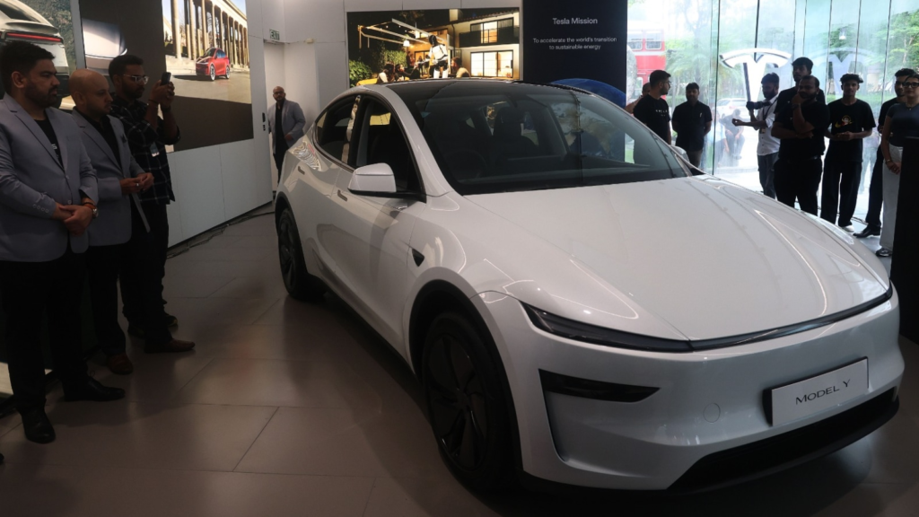 Tesla officially launched in India today, opening its first showroom in Mumbai's upscale Bandra Kurla Complex with the Model Y SUV. (Express Photo by Amit Chakravarty)
