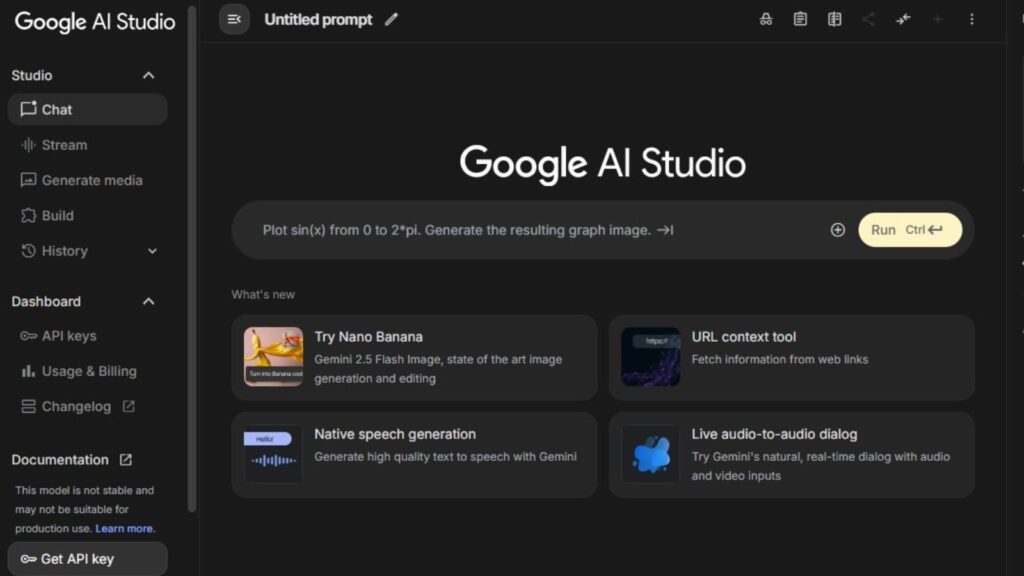 Screenshot of Google AI Studio interface showcasing Gemini tools. (Image Google)