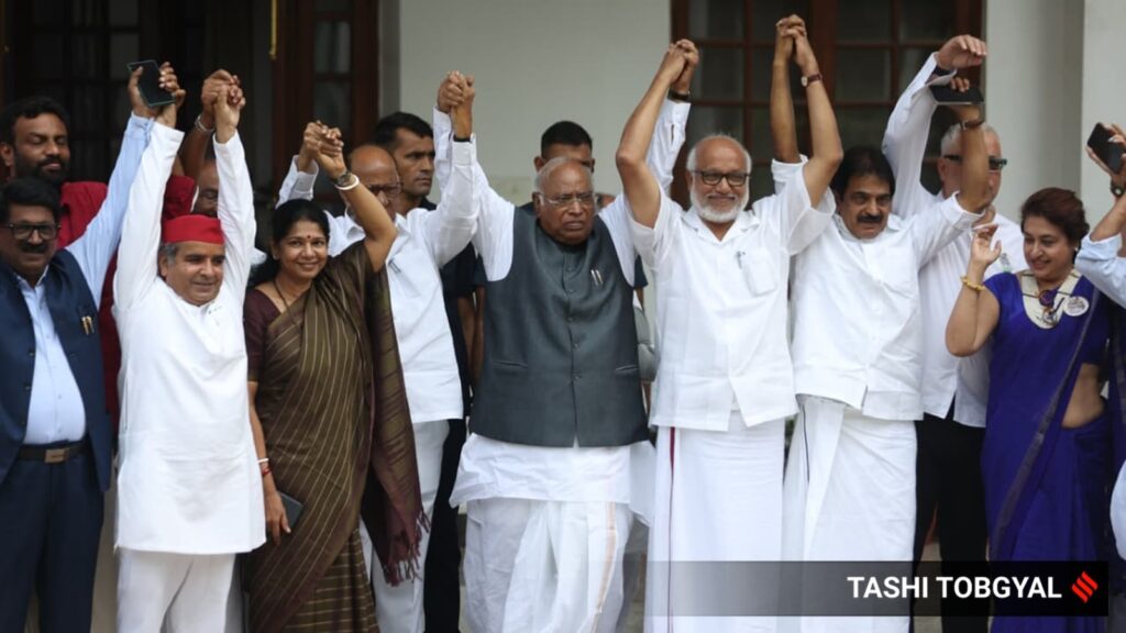 India Alliance Leaders led by Mallikarjun Kharge, Sharad Pawar and others during the alliance's declaration of the Vice Presidential candidate Supreme Court retired judge G Sudarshan Reddy in New Delhi on Tuesday.
