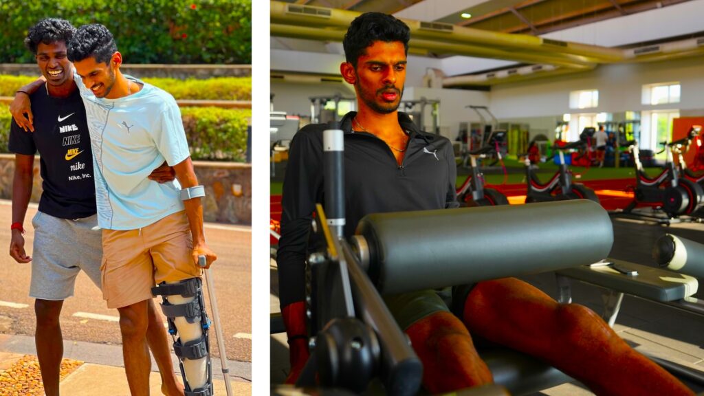 (LEFT) Sreeshankar Murali had suffered an injury to the patellar tendon connecting the kneecap to the top of the shin bone; (RIGHT) Sreeshankar in the gym at IIS Vijayanagar on his comeback trail. (PHOTOS: X via @IIS_Vijayanagar)