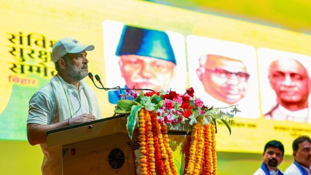 LoP in the Lok Sabha and Congress leader Rahul Gandhi speaks during the 'Samvidhan Samman Sammelan', in Bihar. (@INCIndia/X)