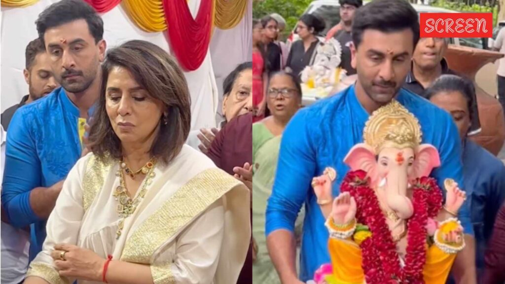 Ranbir Kapoor accompanied his mother Neetu Kapoor at a Ganesh visarjan and was seen holding a murti of Lord Ganesha in his hands while chanting "Ganpati Bappa Morya."