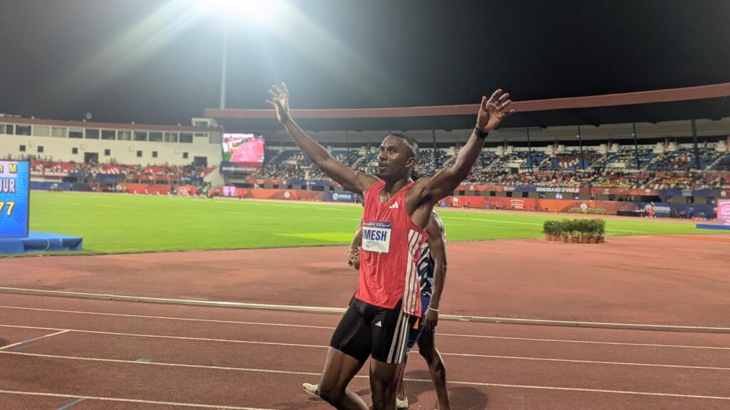 Animesh Kujur after finishing first in the mens 200m sprint event at the World Athletics Continental Tour competition, in Bhubaneswar, Odisha. (Express Photo by Pritish Raj)