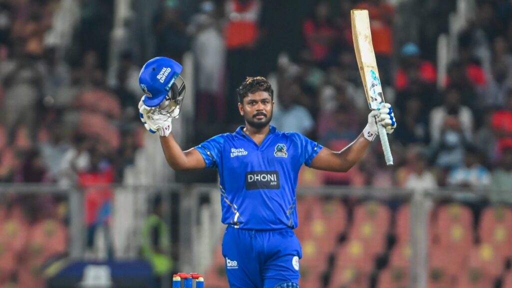 Sanju Samson blasted a 42-ball hundred in Kochi's last-ball win over Kollam in the KCL 2025 match on Sunday. (KCA)