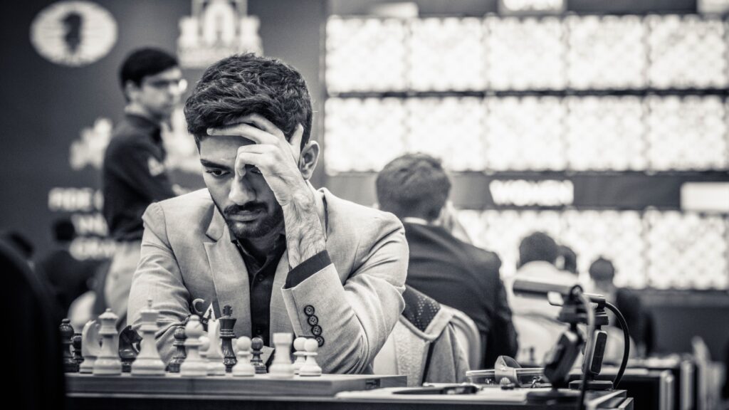 Gukesh Dommaraju reacts during the defeat to Nikolas Theodorou of Greece at FIDE Grand Swiss chess tournament. (PHOTO: Michal Walusza / FIDE)