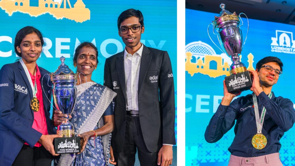 How much prize money did Vaishali R and Anish Giri earn for FIDE Grand Swiss titles | Chess News (LEFT) Vaishali Rameshbabu with her brother Praggnanandhaa and their mother Nagalakshmi; (RIGHT) Anish Giri with his FIDE Grand Swiss trophy. (PHOTOs: Michal Walusza / FIDE)