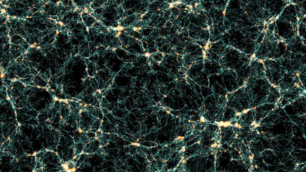 Image extracted from the Euclid Flagship universe simulations catalogue. Each dot represents a galaxy: blue points mark galaxies at the centers of dark matter clumps, while red points denote satellites within them. (Image Source: Euclid Consortium)