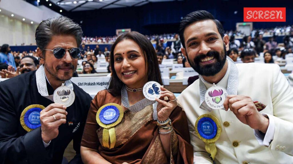 Shah Rukh Khan, Rani Mukerji were ‘childlike’ at National Awards ceremony, says Vikrant Massey: ‘SRK said I’ll wear the medal’ | Bollywood News Rani Mukerji, Shah Rukh Khan and Vikrant Massey at National Award ceremony.