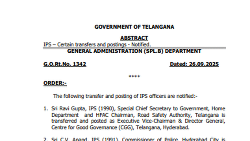 Telangana IPS reshuffling Sep 2025 | Sajjanar is new Hyderabad Police Commissioner, Charu Sinha is ACB DG