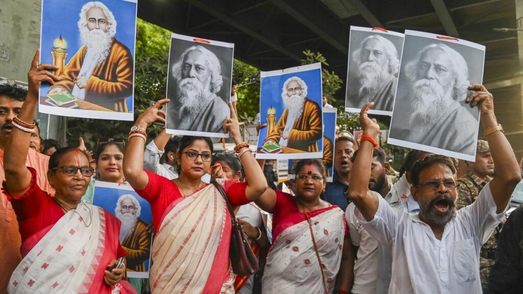 West Bengal BJP holds protests over burning of Rabindranath Tagore’s photograph by TMCP cadres