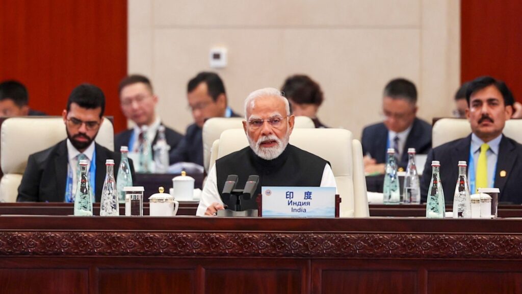 In this image received on Sep. 01, 2025, Prime Minister Narendra Modi addresses the 25th SCO Heads of State Council Summit, in Tianjin, China.