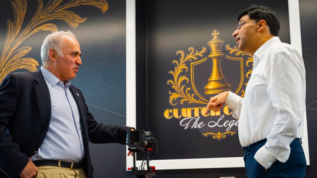 Garry Kasparov and Viswanathan Anand analyse a game at the Clutch Chess: The Legends exhibition clash. (PHOTO: Lennart Ootes via St Louis Chess Club)