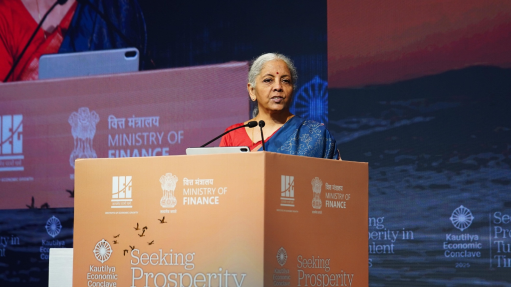 Finance Minister Nirmala Sitharaman speaking at the Fourth Kautilya Economic Conclave in New Delhi on Friday. Source: @nsitharamanoffc/X