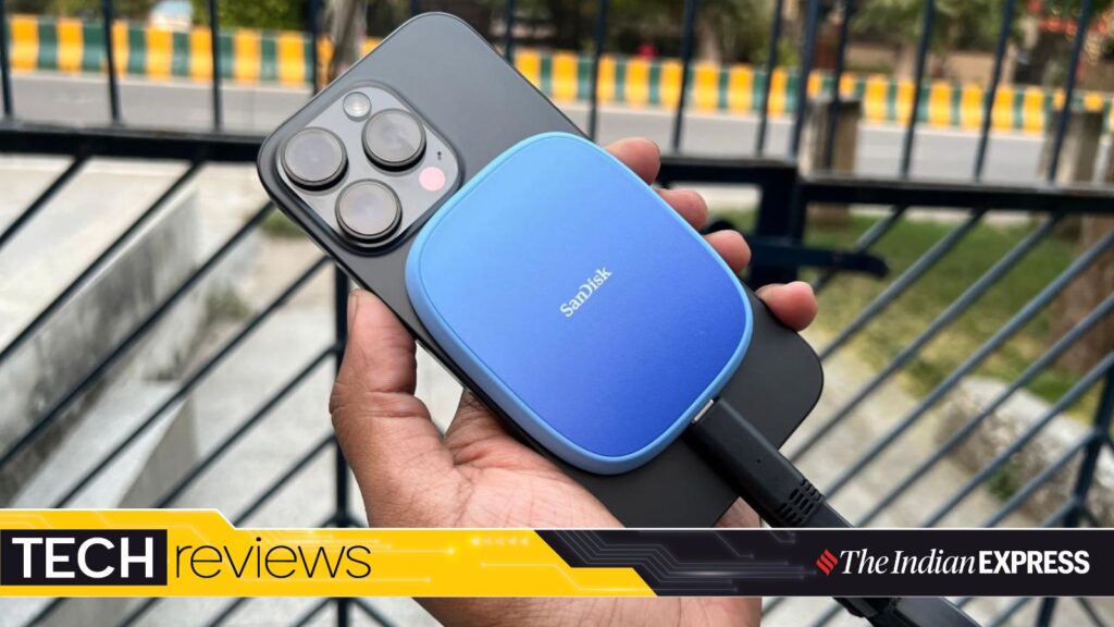 The SSD magnetically attaches to MagSafe iPhones, making mobile shooting seamless. (Image: Bijin Jose/The Indian Express)