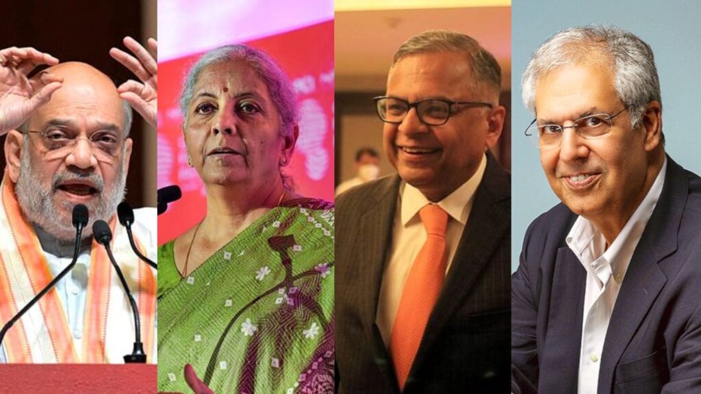 (From left to right) Union Minister Amit Shah, Finance Minister Nirmala Sitharaman, Chandrasekaran, and Noel Tata.