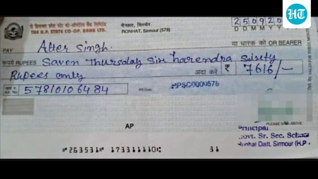 ‘Saven Thursday harendra sixty’: Himachal school principal's cheque bounces over glaring error